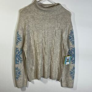NWT CeCe Women’s Large Cable Knit Sweater Malted Blue Heather Snowflake Holiday